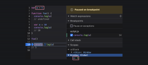 Дебаггер, JavaScript выполнил весь код. Локальная переменная уничтожена, доступна только глобальная.